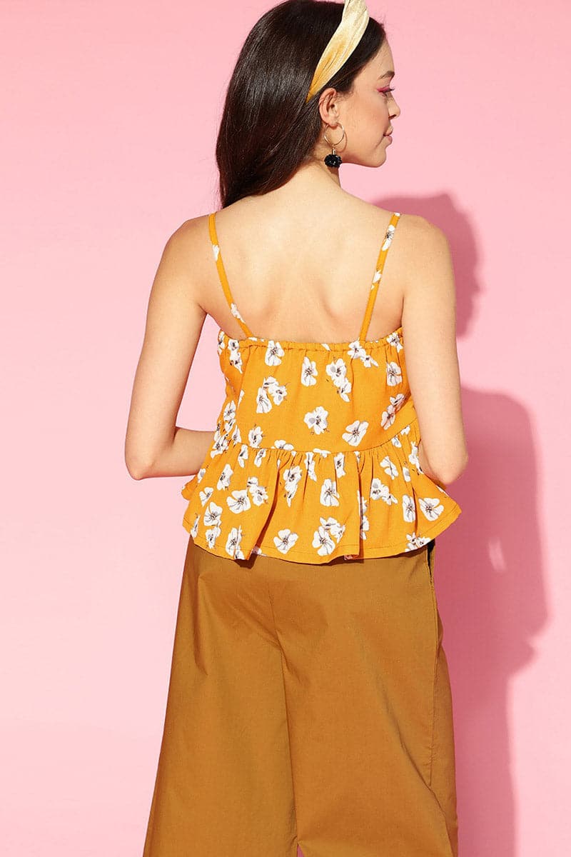 Yellow Georgette Floral Printed Peplum Strappy Crop Top