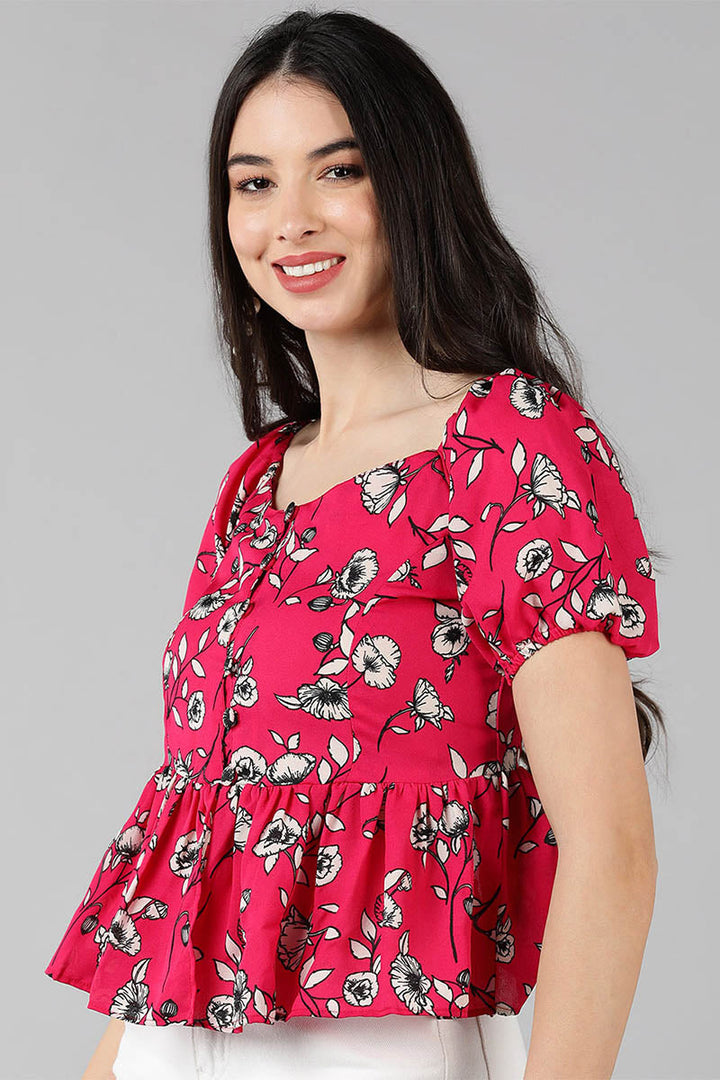 Fuchsia Pink Georgette Floral Printed Peplum Top