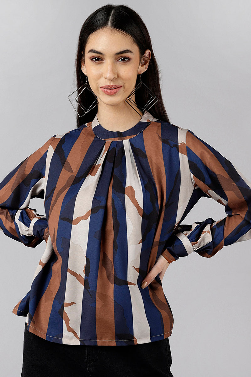 ZERESOUQ-Navy-Blue-&-Brown-Georgette-Vertical-Stripes-Printed-Top