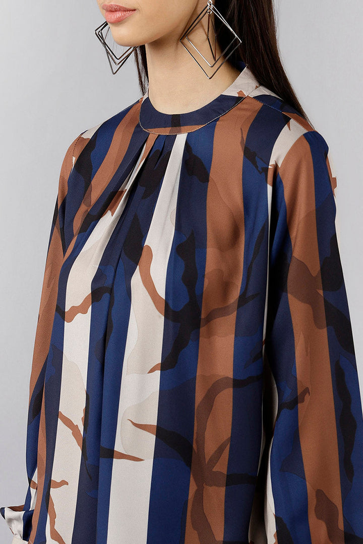 ZERESOUQ-Navy-Blue-&-Brown-Georgette-Vertical-Stripes-Printed-Top