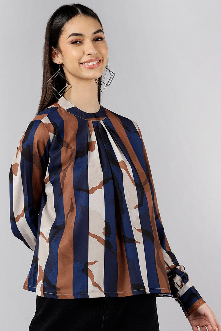 ZERESOUQ-Navy-Blue-&-Brown-Georgette-Vertical-Stripes-Printed-Top