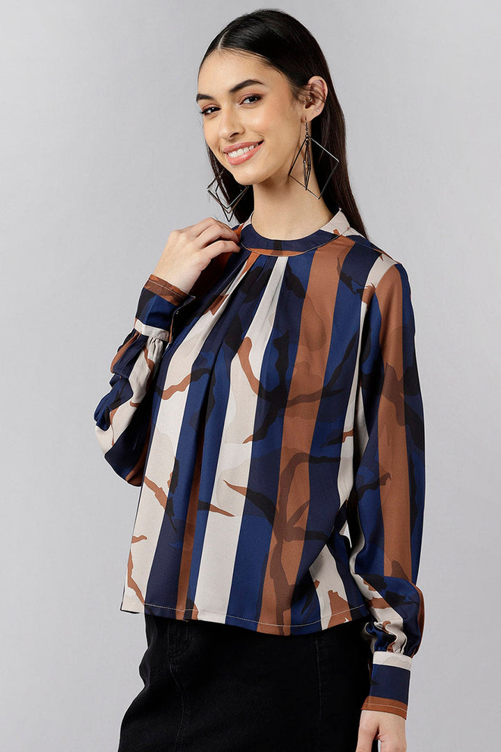 ZERESOUQ-Navy-Blue-&-Brown-Georgette-Vertical-Stripes-Printed-Top
