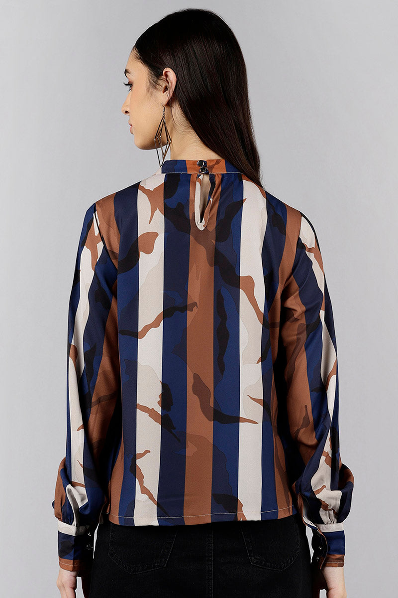 ZERESOUQ-Navy-Blue-&-Brown-Georgette-Vertical-Stripes-Printed-Top