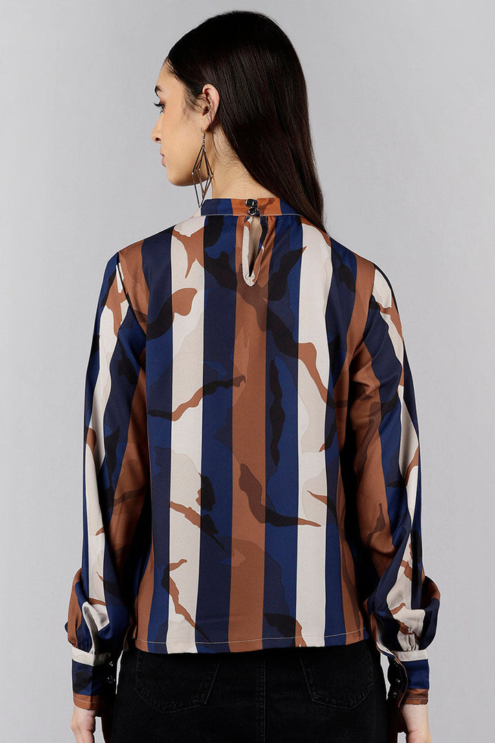 ZERESOUQ-Navy-Blue-&-Brown-Georgette-Vertical-Stripes-Printed-Top