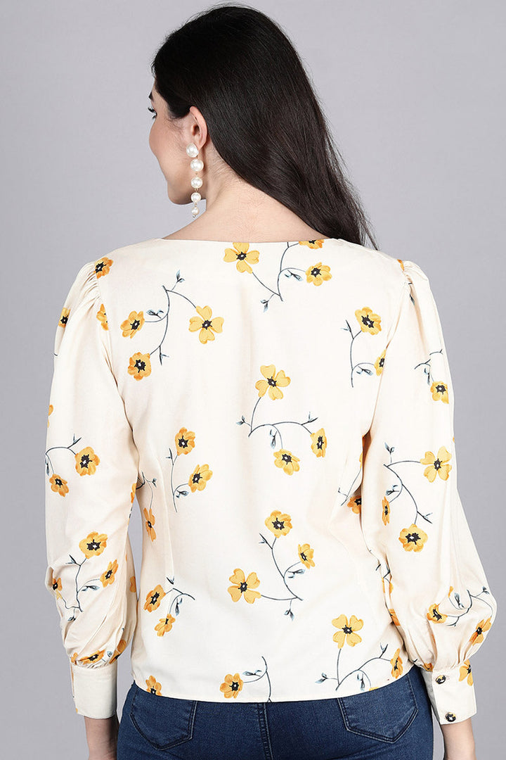 Off-White Georgette Floral Printed Full-Sleeves Top