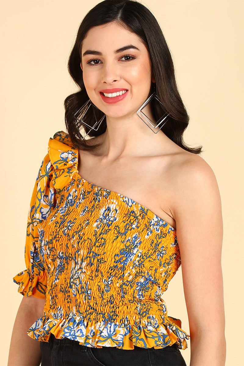 ZERESOUQ-Yellow-Polyester-Floral-Printed-One-Shoulder-Shirring-Top