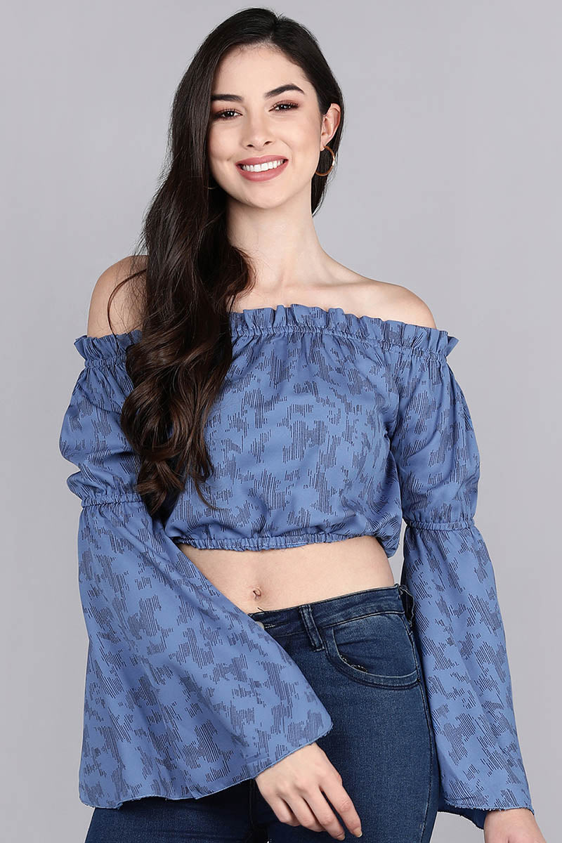 ZERESOUQ-Denim-Blue-Georgette-Graphic-Printed-Off-Shoulder-Crop-Top