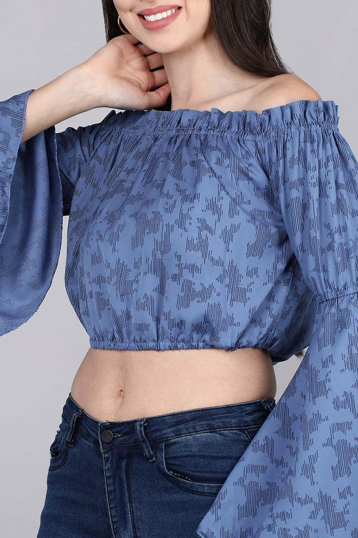 ZERESOUQ-Denim-Blue-Georgette-Graphic-Printed-Off-Shoulder-Crop-Top