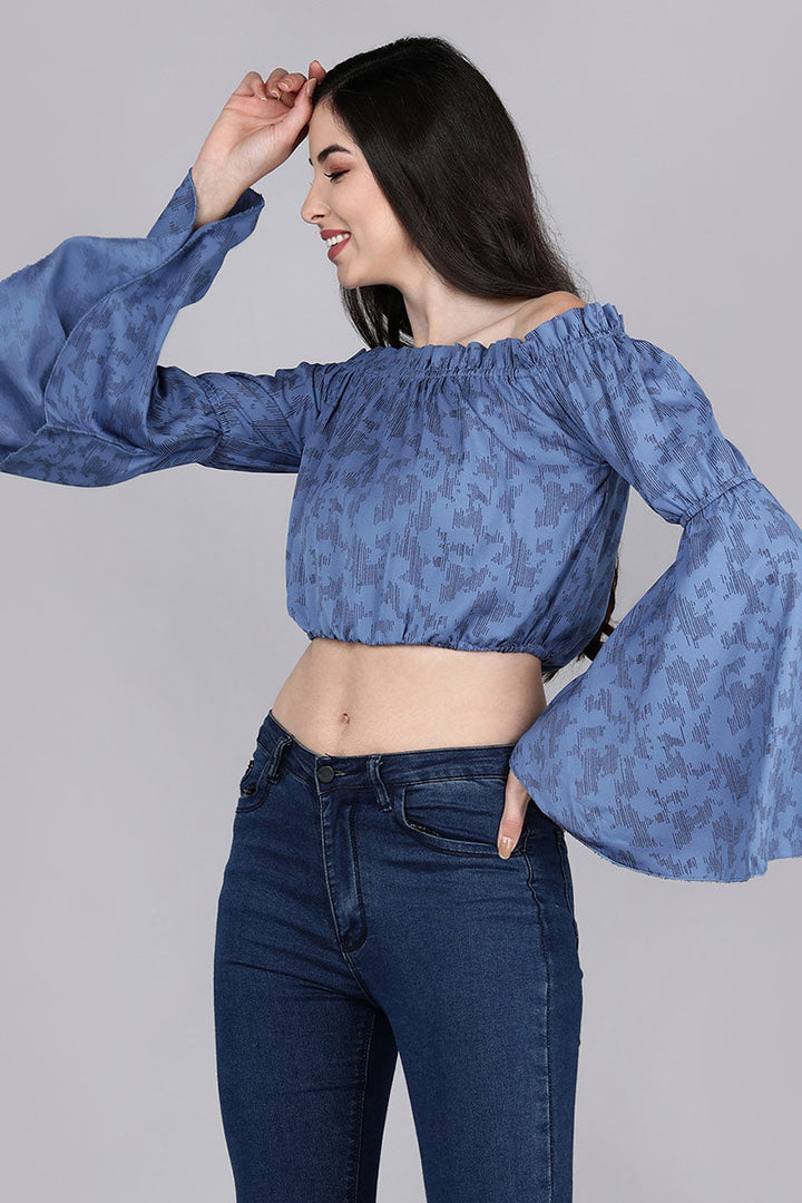 ZERESOUQ-Denim-Blue-Georgette-Graphic-Printed-Off-Shoulder-Crop-Top