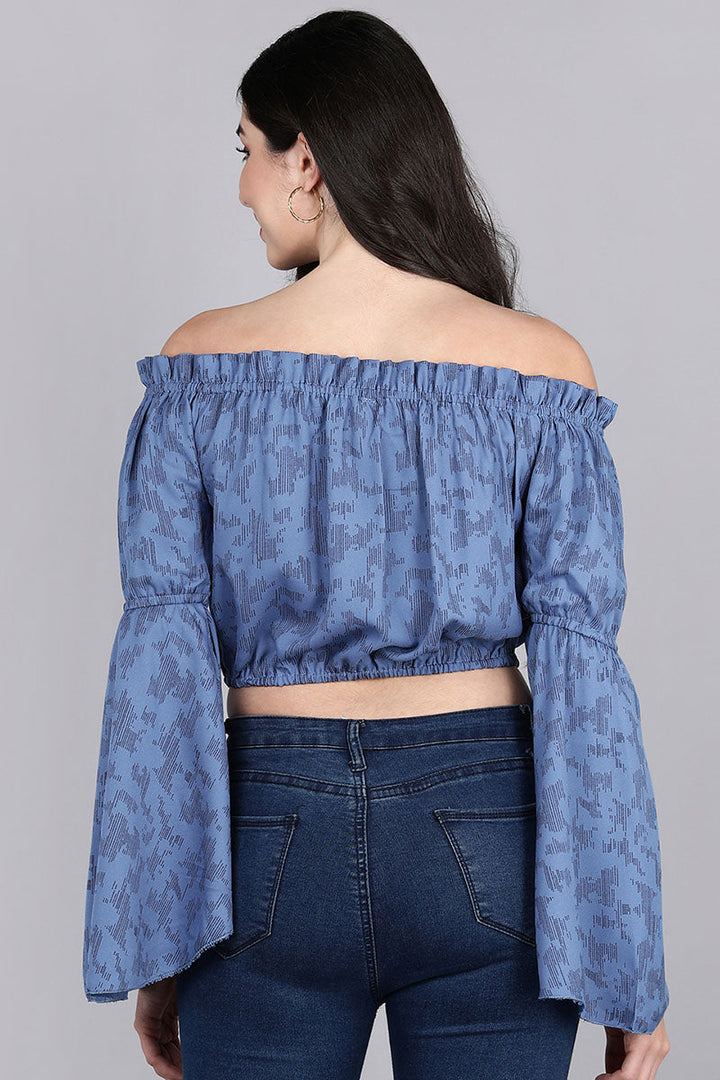 ZERESOUQ-Denim-Blue-Georgette-Graphic-Printed-Off-Shoulder-Crop-Top