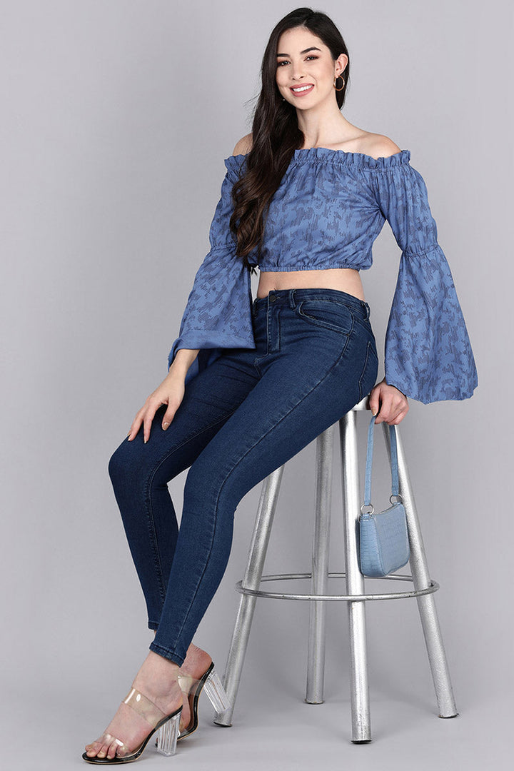 ZERESOUQ-Denim-Blue-Georgette-Graphic-Printed-Off-Shoulder-Crop-Top