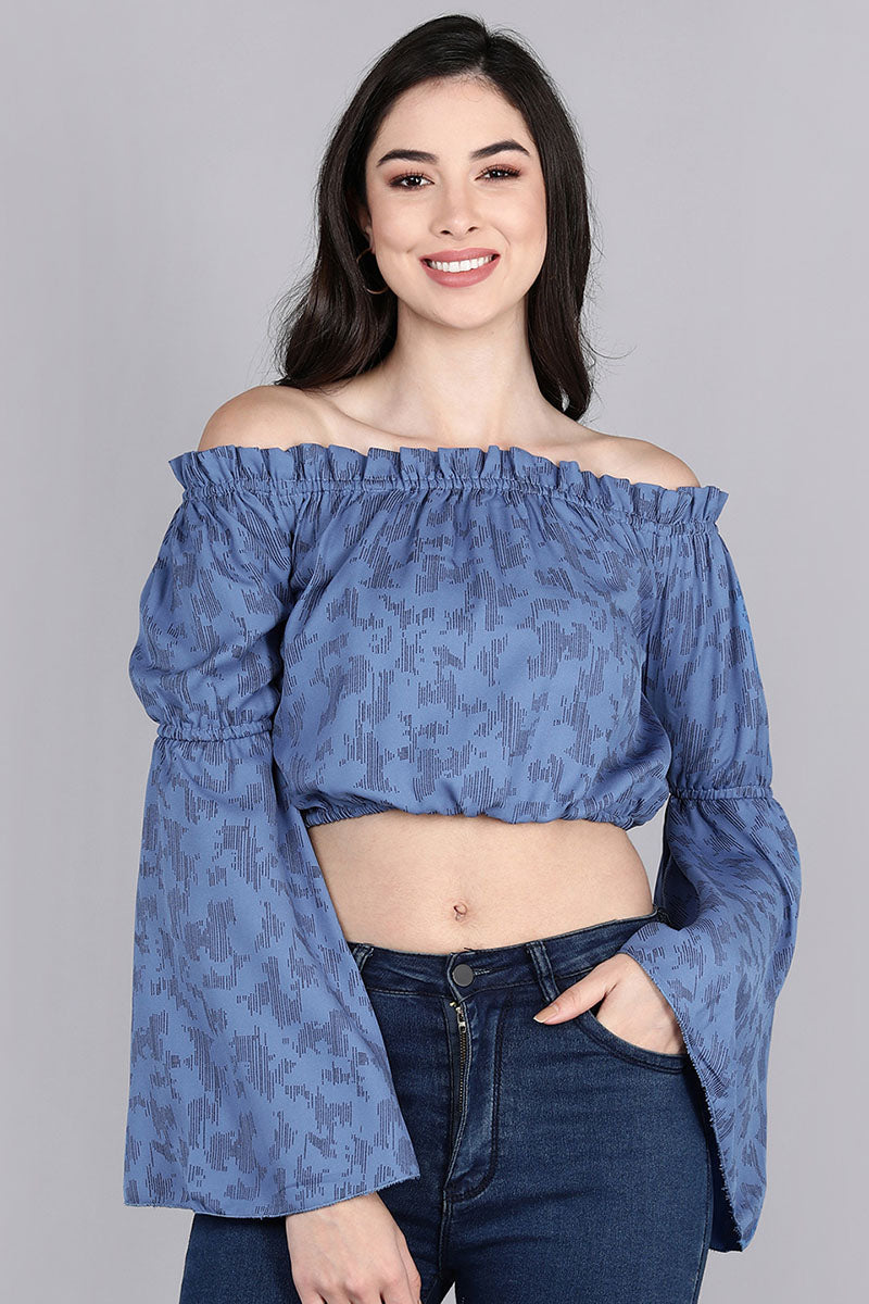ZERESOUQ-Denim-Blue-Georgette-Graphic-Printed-Off-Shoulder-Crop-Top