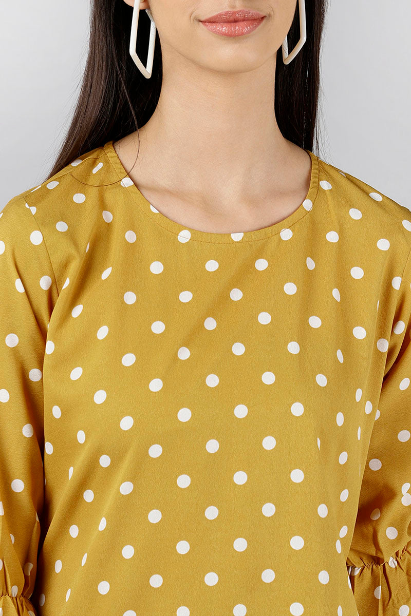 Mustard Crepe Polka Dots Printed Simple Top