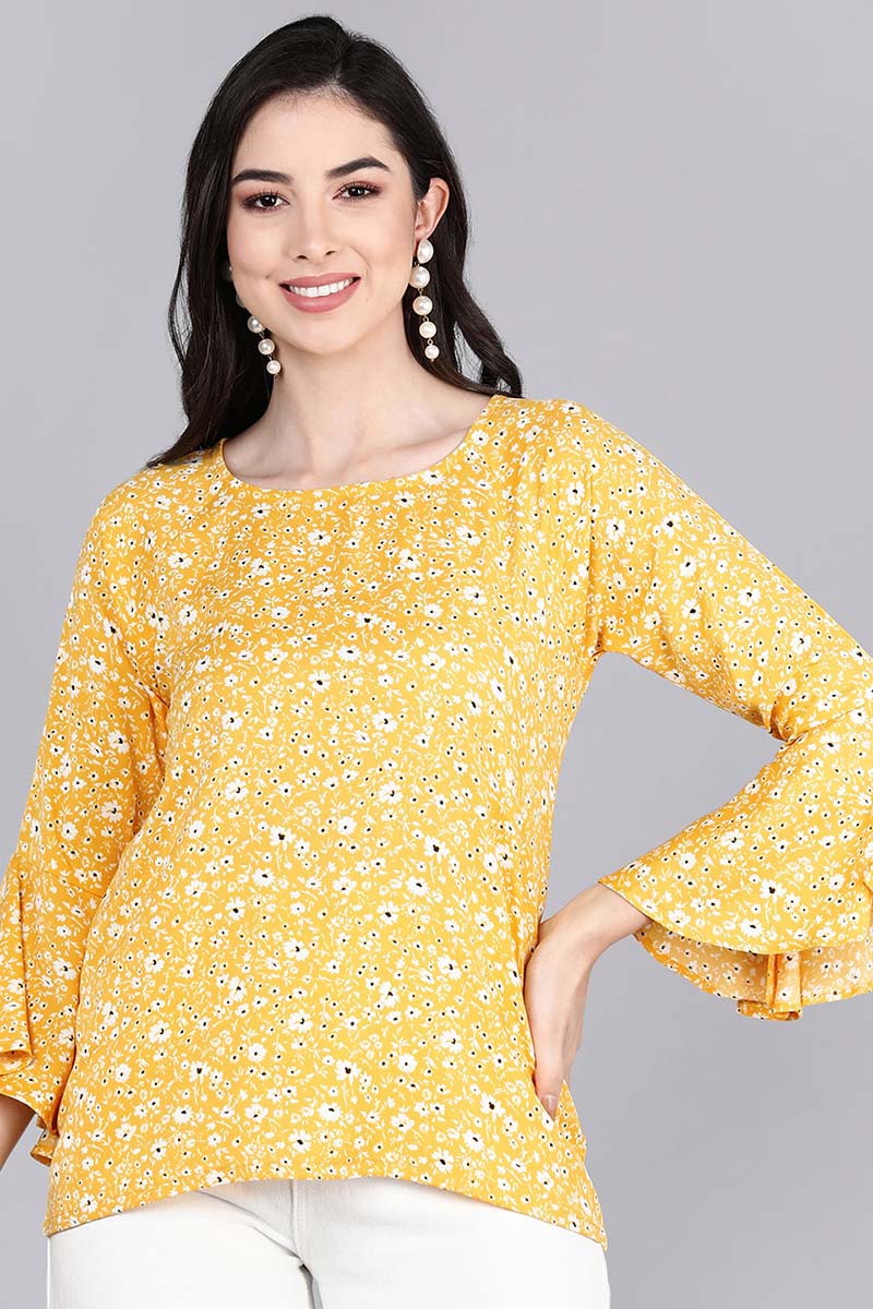 Mustard Crepe Floral Printed Tunic Top with Bell Sleeves