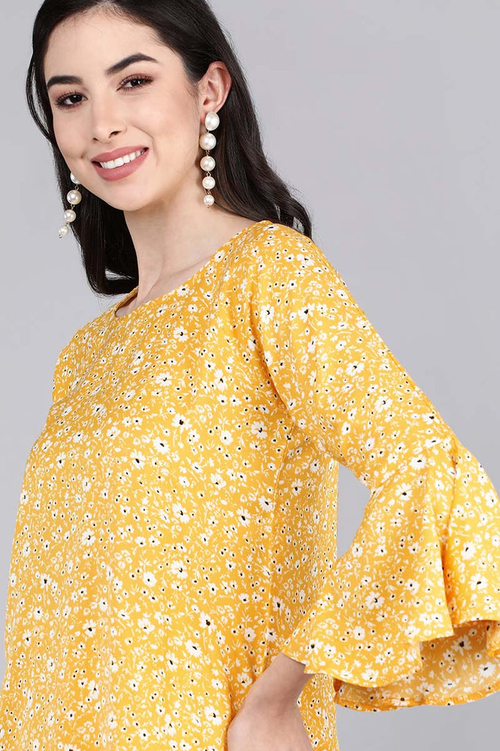 Mustard Crepe Floral Printed Tunic Top with Bell Sleeves