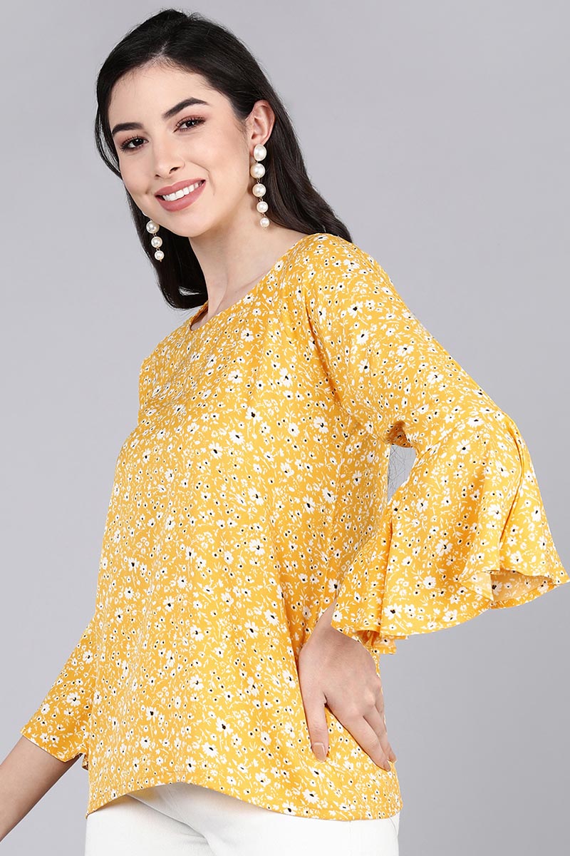 Mustard Crepe Floral Printed Tunic Top with Bell Sleeves