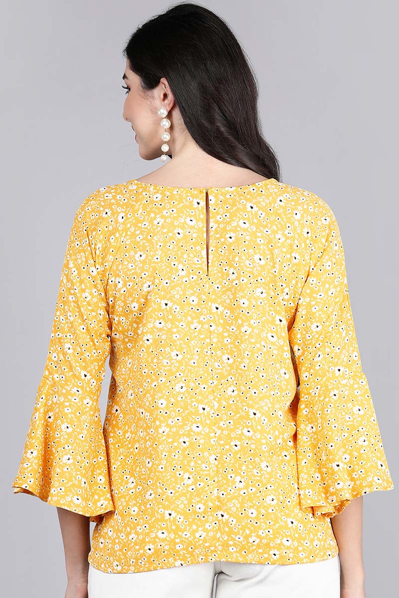 Mustard Crepe Floral Printed Tunic Top with Bell Sleeves