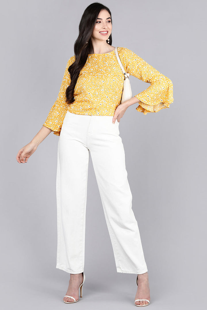 Mustard Crepe Floral Printed Tunic Top with Bell Sleeves