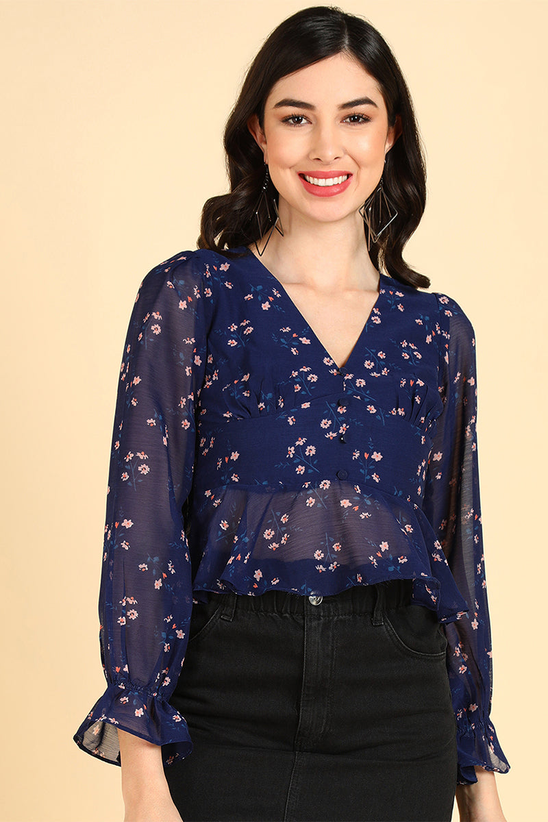 ZERESOUQ-Navy-Blue-Polyester-Floral-Printed-Partial-Transparent-Crop-Top