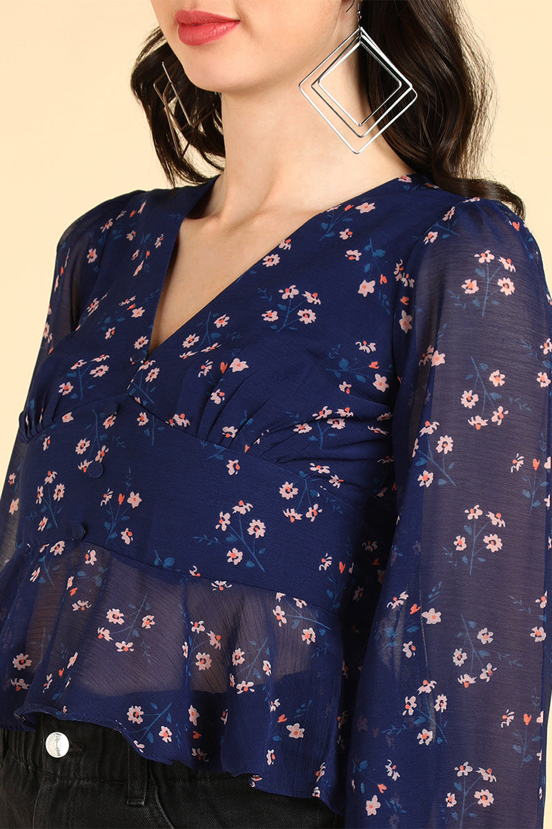 ZERESOUQ-Navy-Blue-Polyester-Floral-Printed-Partial-Transparent-Crop-Top