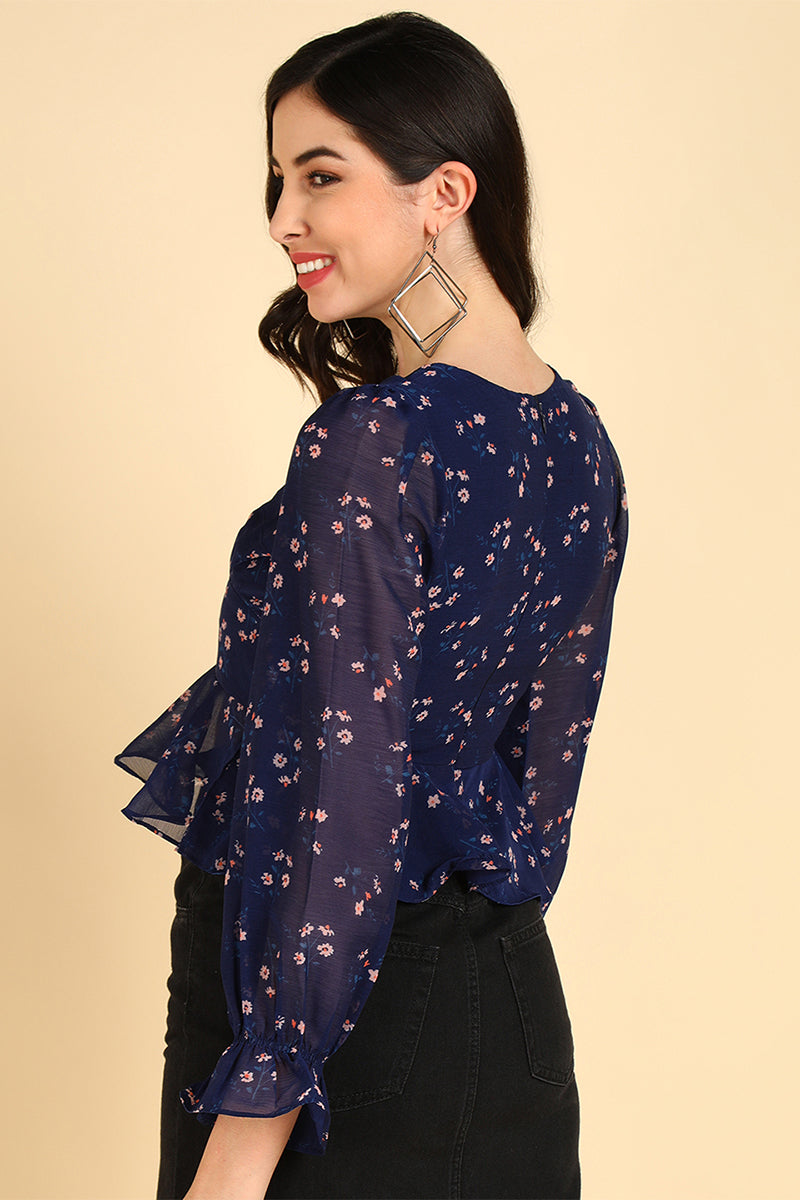 ZERESOUQ-Navy-Blue-Polyester-Floral-Printed-Partial-Transparent-Crop-Top