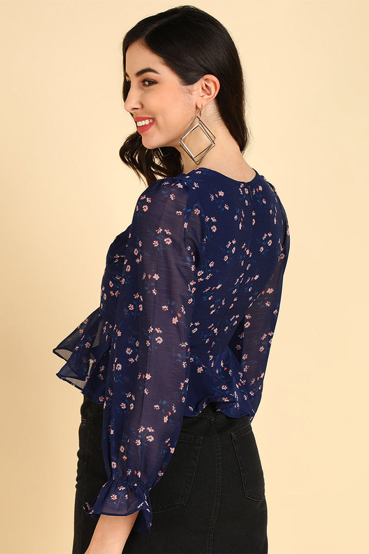 ZERESOUQ-Navy-Blue-Polyester-Floral-Printed-Partial-Transparent-Crop-Top