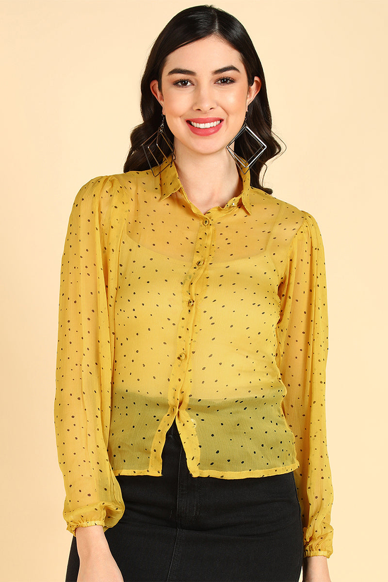 ZERESOUQ-Yellow-Polyester-Polka-Dots-Printed-Sheer-Shirt