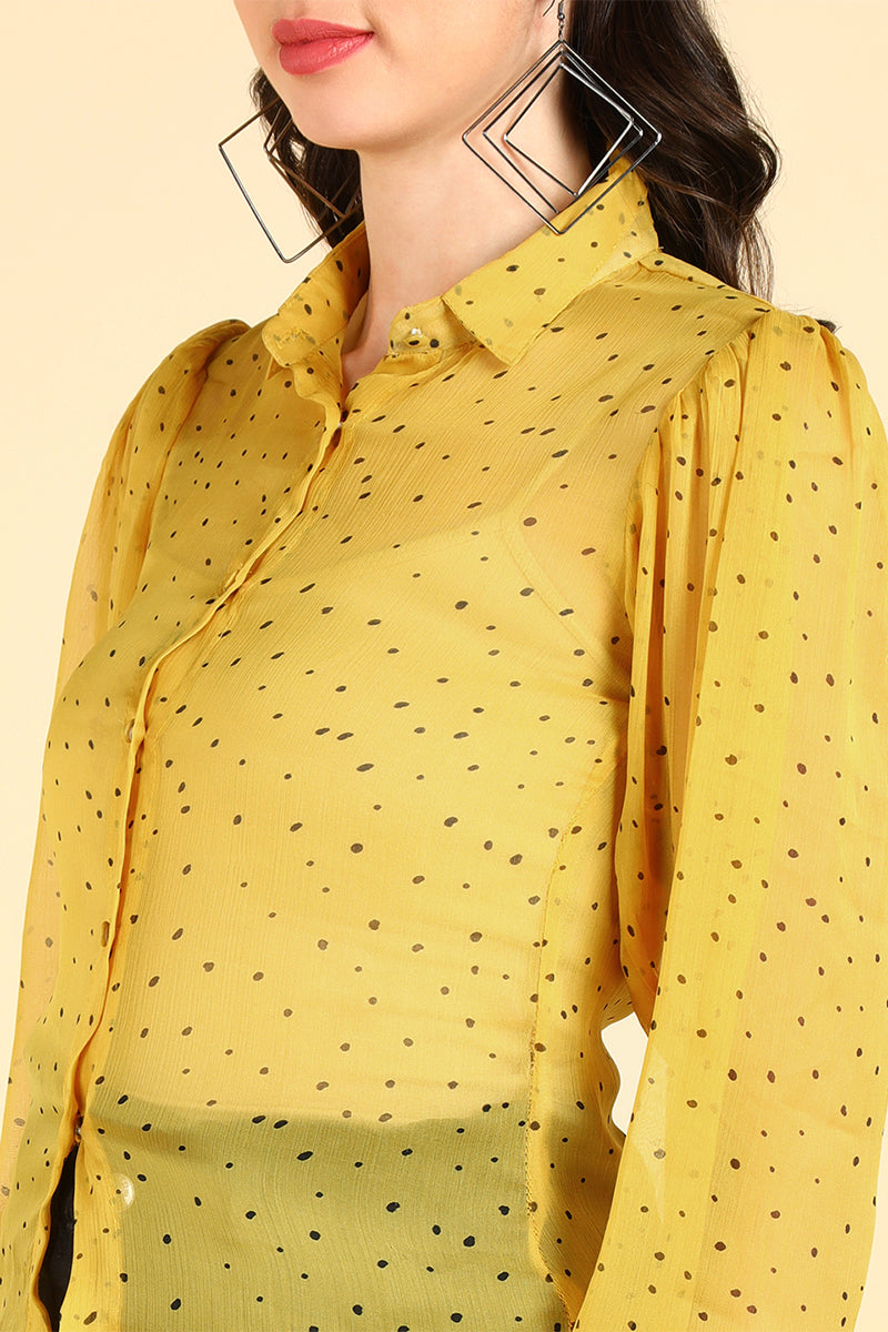 ZERESOUQ-Yellow-Polyester-Polka-Dots-Printed-Sheer-Shirt