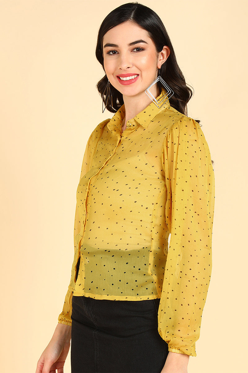 ZERESOUQ-Yellow-Polyester-Polka-Dots-Printed-Sheer-Shirt