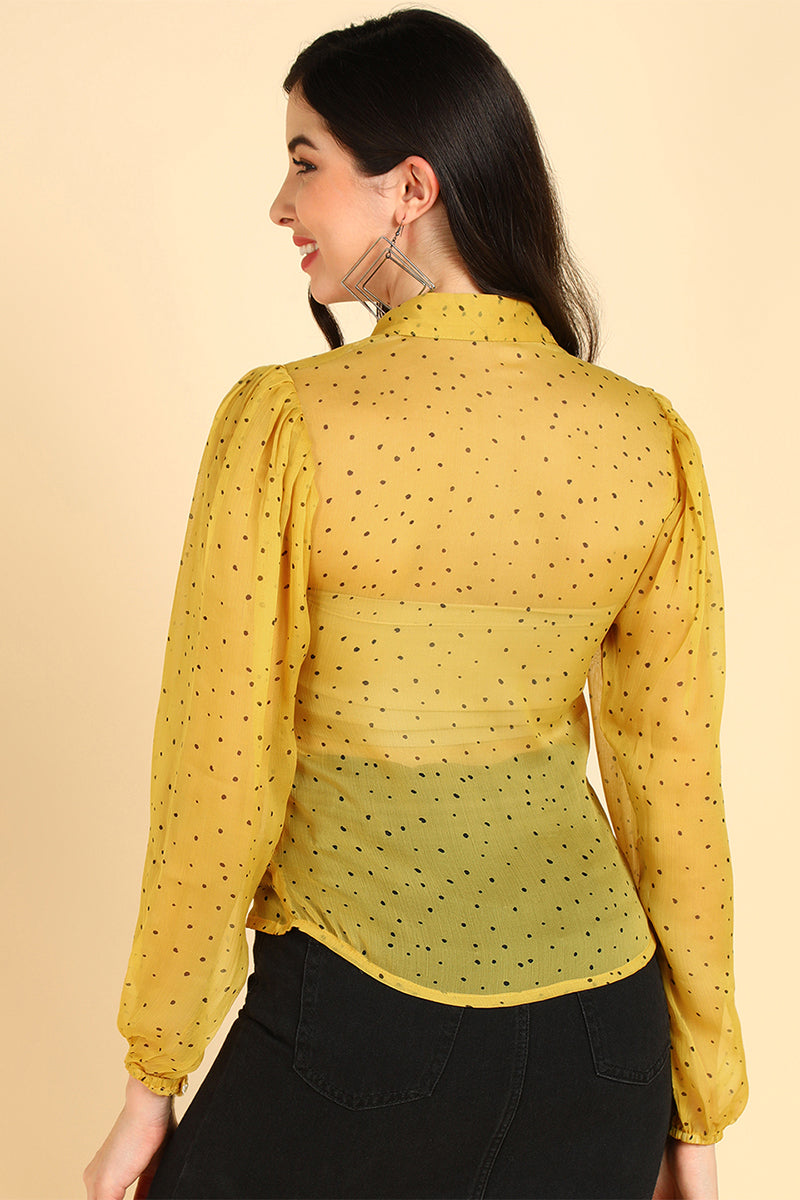 ZERESOUQ-Yellow-Polyester-Polka-Dots-Printed-Sheer-Shirt