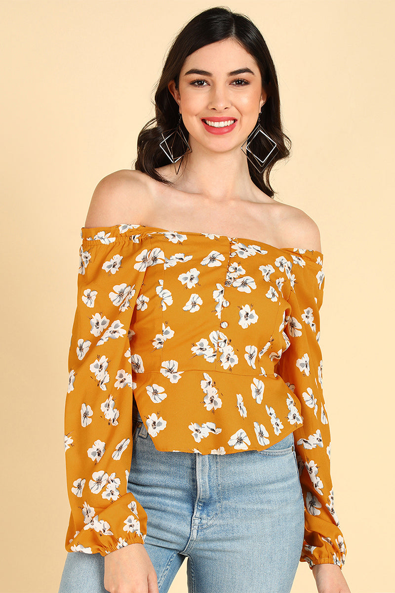 ZERESOUQ-Mustard-Polyester-Floral-Printed-Off-Shoulder-Top
