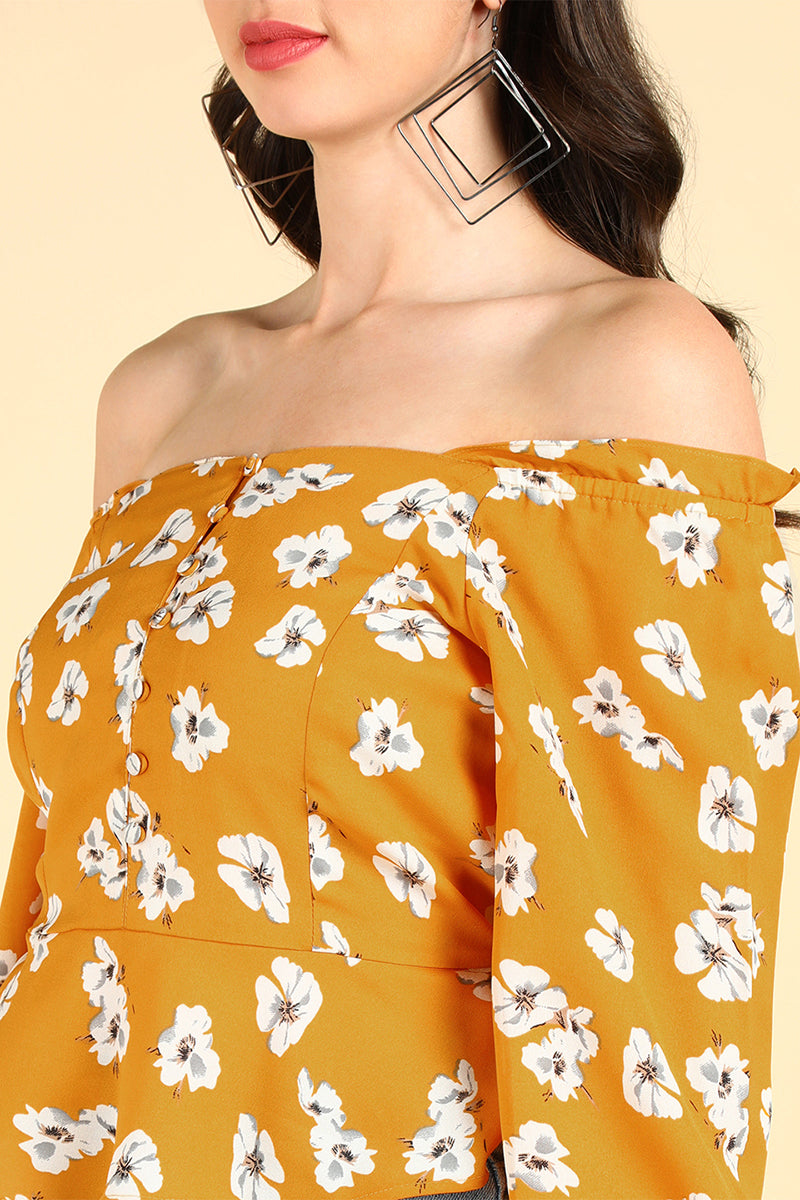 ZERESOUQ-Mustard-Polyester-Floral-Printed-Off-Shoulder-Top