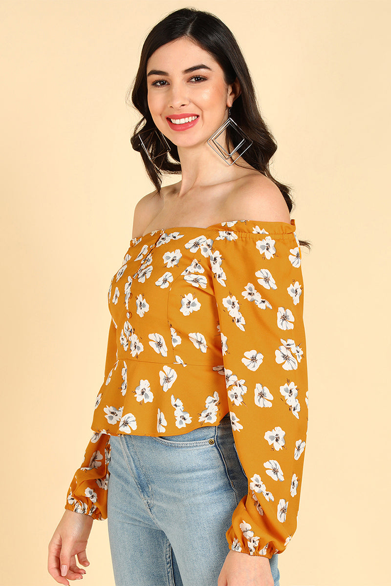 ZERESOUQ-Mustard-Polyester-Floral-Printed-Off-Shoulder-Top