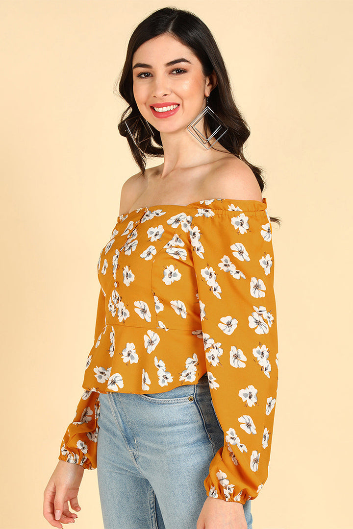 ZERESOUQ-Mustard-Polyester-Floral-Printed-Off-Shoulder-Top