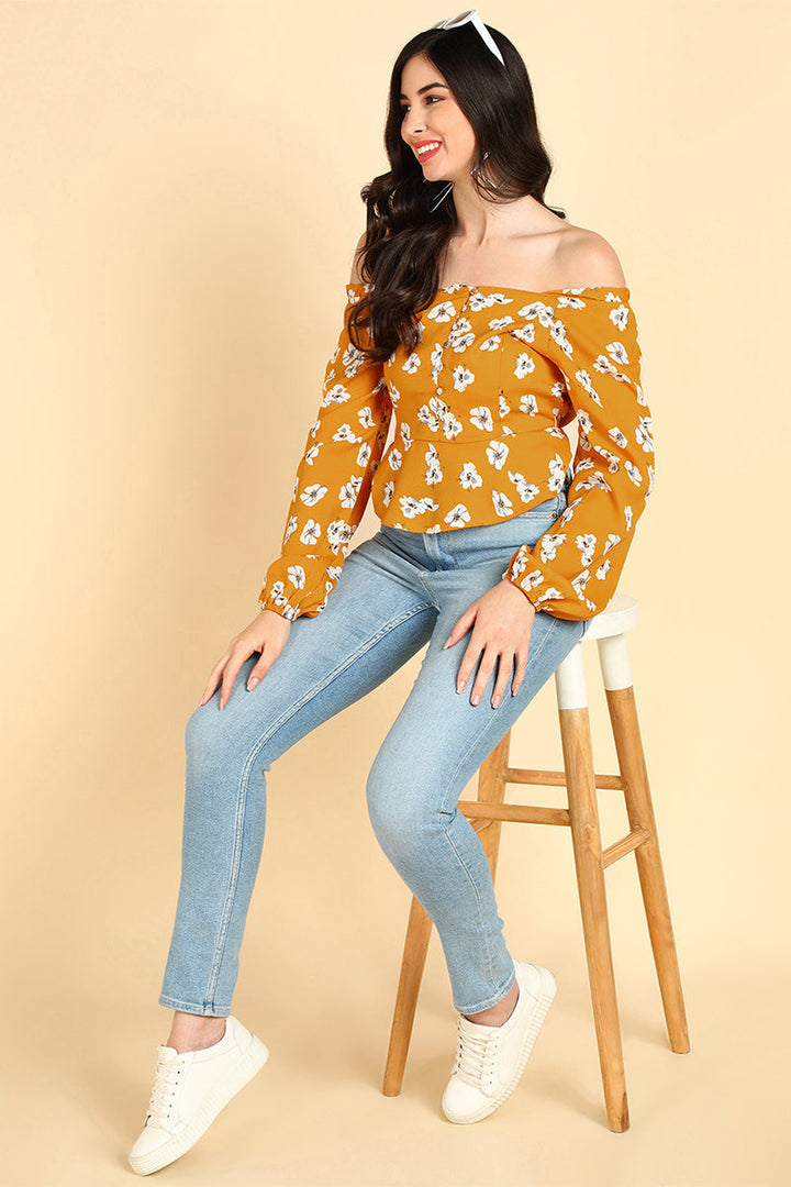 ZERESOUQ-Mustard-Polyester-Floral-Printed-Off-Shoulder-Top