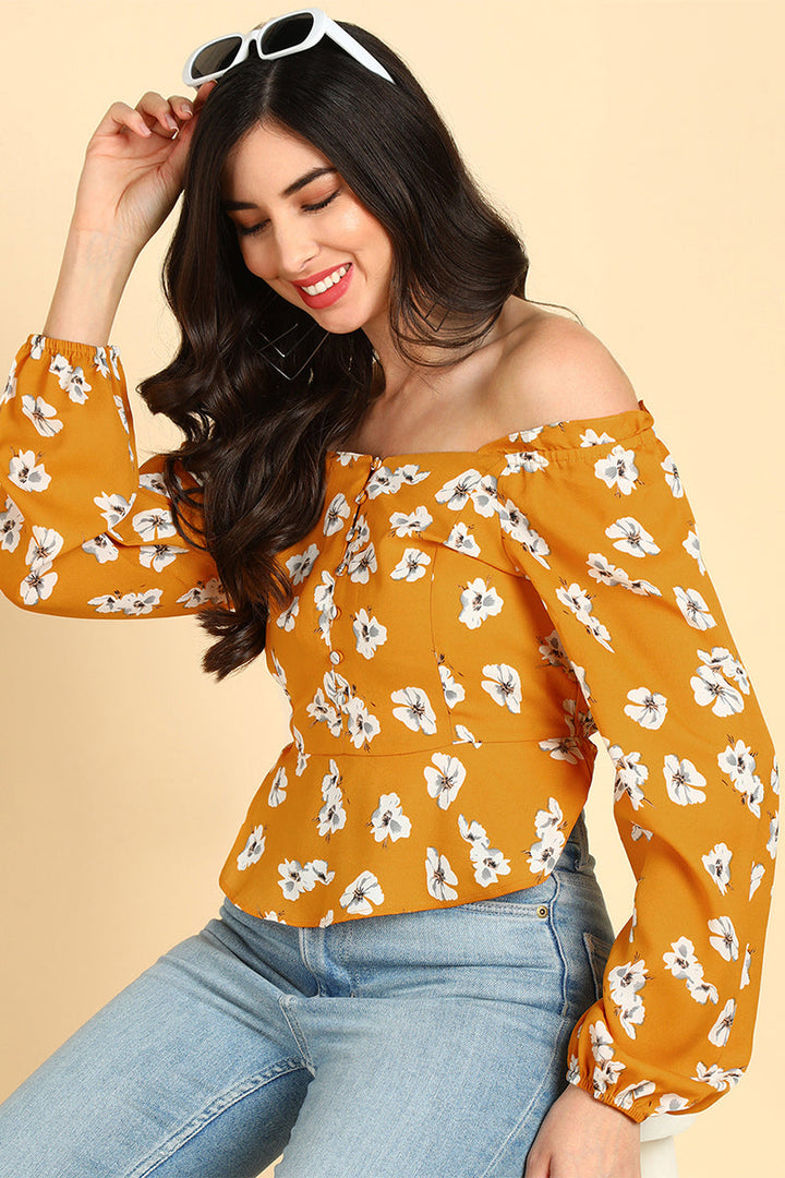 ZERESOUQ-Mustard-Polyester-Floral-Printed-Off-Shoulder-Top