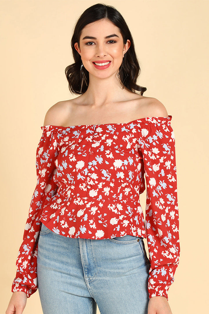 ZERESOUQ-Red-Polyester-Floral-Printed-Off-Shoulder-Top