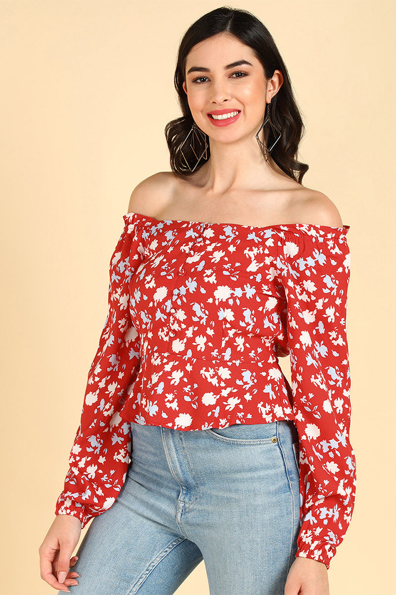ZERESOUQ-Red-Polyester-Floral-Printed-Off-Shoulder-Top
