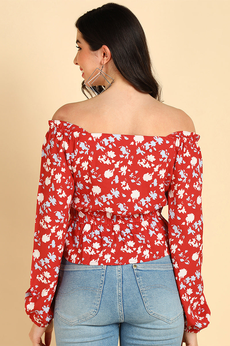 ZERESOUQ-Red-Polyester-Floral-Printed-Off-Shoulder-Top
