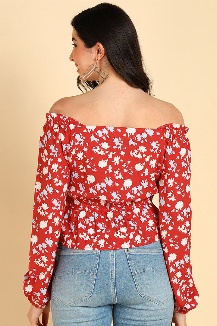 ZERESOUQ-Red-Polyester-Floral-Printed-Off-Shoulder-Top