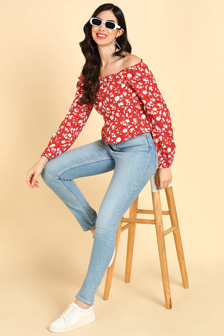 ZERESOUQ-Red-Polyester-Floral-Printed-Off-Shoulder-Top