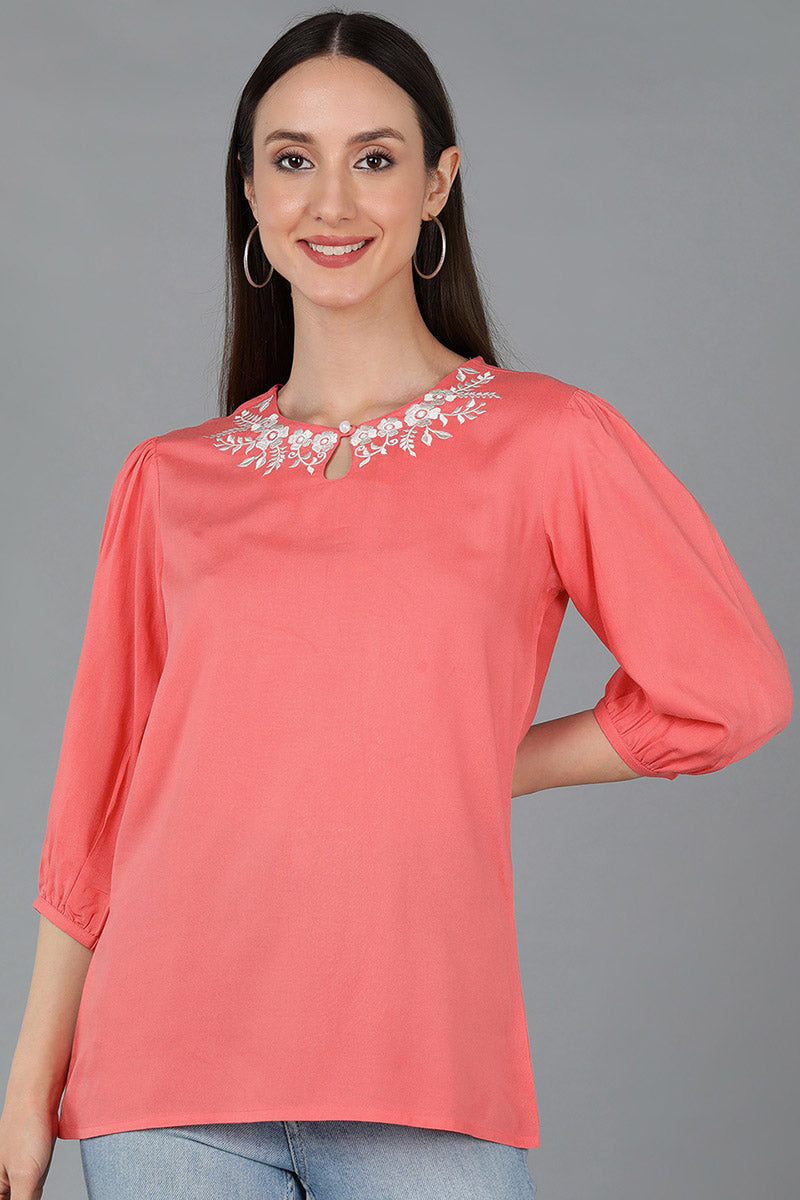 Pink Solid Liva Neck-Line Embroidered Straight Top