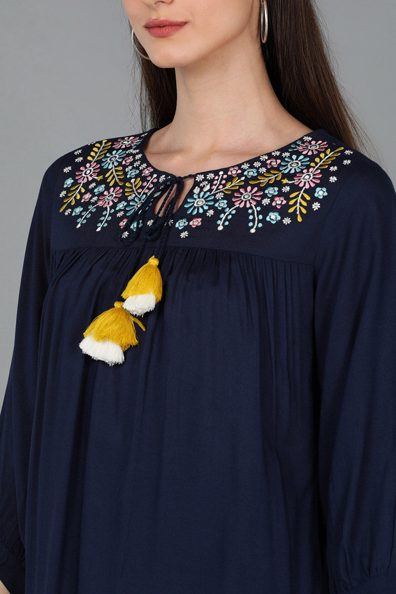 Navy Blue Liva Neck-Line Embroidered Gathered Top