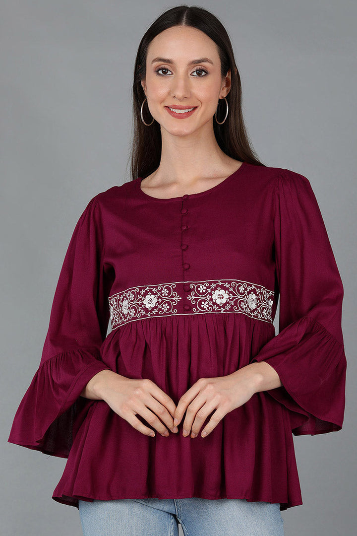 ZERESOUQ-Magenta-Liva-Solid-Embroidered-Peplum-Top