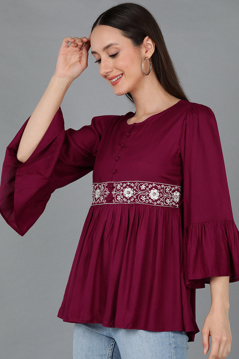 ZERESOUQ-Magenta-Liva-Solid-Embroidered-Peplum-Top