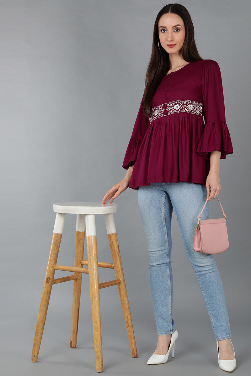 ZERESOUQ-Magenta-Liva-Solid-Embroidered-Peplum-Top