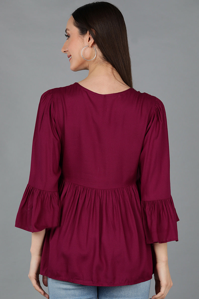 ZERESOUQ-Magenta-Liva-Solid-Embroidered-Peplum-Top