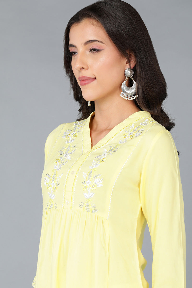 Hint of Yellow Viscose Rayon Solid Embroidered Top