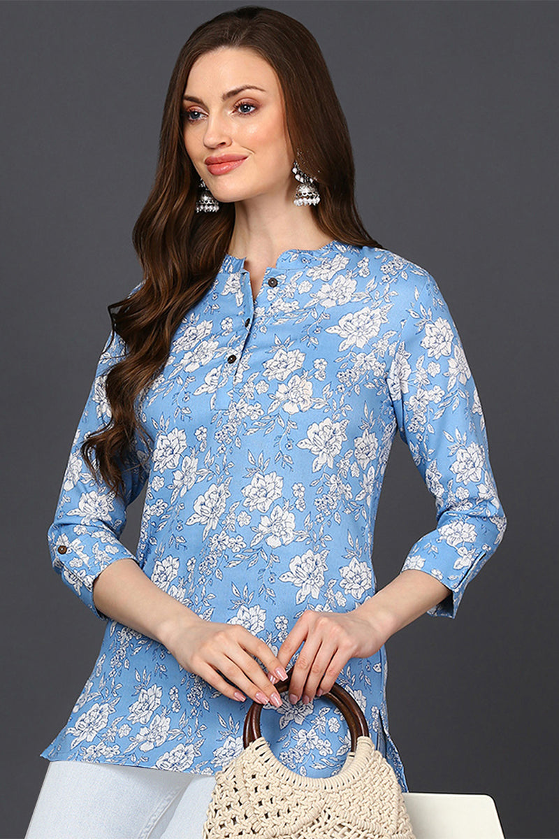Blue Cotton Blend White Floral Printed Tunic Top
