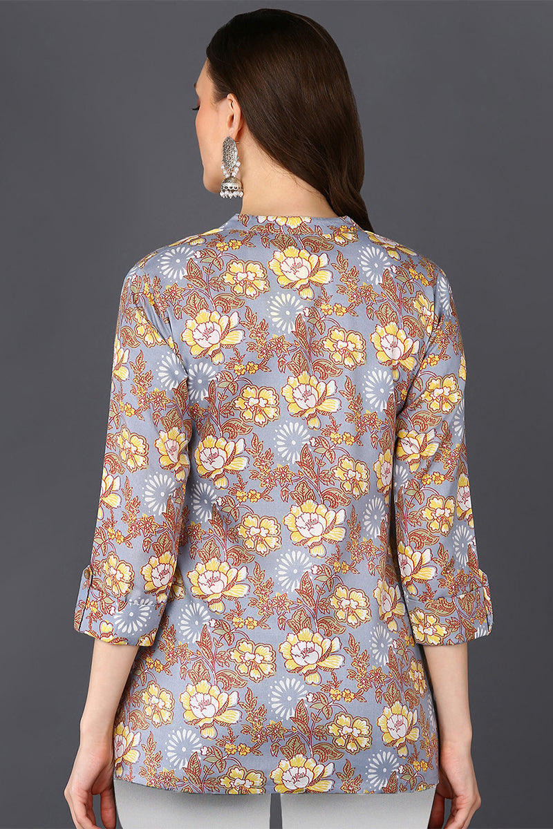 Grey & Brown Cotton Blend Floral Printed Tunic Top